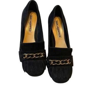 Karl Lagerfeld Paris Kiltie pumps Black suede block heel gold chain - Sz 8.5